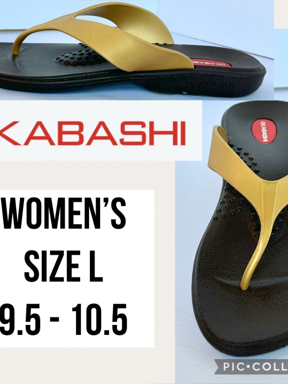 Okabashi Women’s Sandals Breeze Flip Flops Gold Black Beach Size L 9.5-10.5